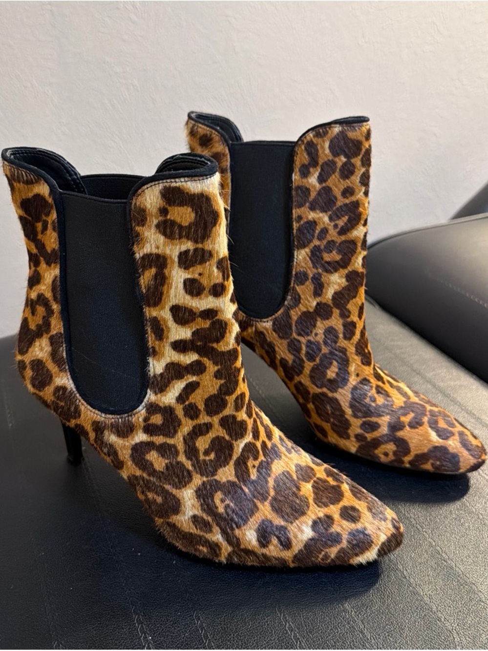 Leopard Print Ankle Booties with Elastic Panels - Brown